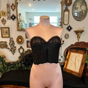 Vintage Black Sheer Corset Bustier Top Lace Overlay Strapless Lingerie Top